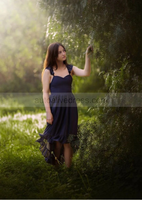 Navy Blue Chiffon High Low Flower Girl Dress